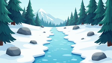Winter forest landscape with river and snow in flat style. Vector illustrationのイラスト素材