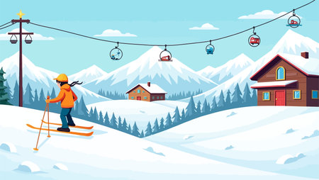 Winter alpine landscape with ski lift. Vector illustration in flat styleのイラスト素材