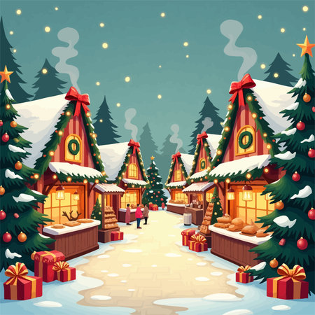 Christmas and New Year background with cozy houses in the village. Vector illustration.のイラスト素材