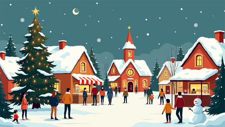 Christmas and New Year background with people walking in the street in the village, vector illustrationのイラスト素材