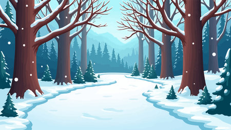 Winter forest with snow and trees. Vector illustration in cartoon style.のイラスト素材
