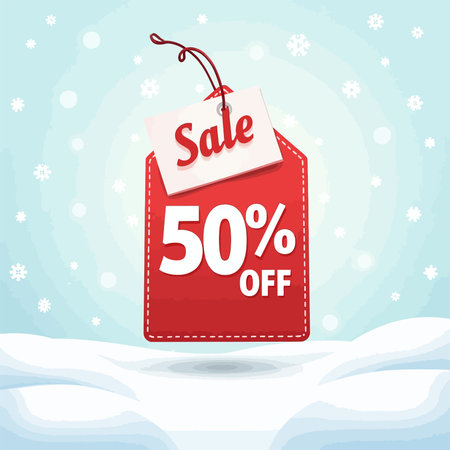Sale 50 percent off red label on snowy background. Vector illustrationのイラスト素材