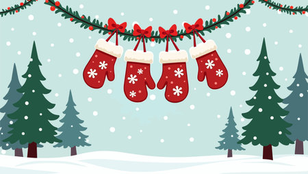 Christmas and New Year background with fir trees, socks and snowflakesのイラスト素材