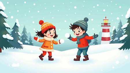 Children playing in the snow in winter. Vector illustration of cartoon characters.のイラスト素材