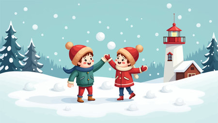 Cute children playing in the snow with christmas theme vector illustrationのイラスト素材