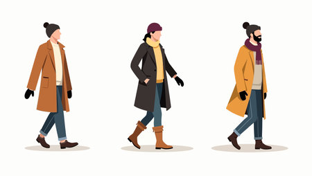 Men and women walking in winter clothes. Vector illustration in flat styleのイラスト素材