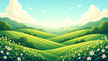 Beautiful nature landscape with green hills and flowers. Vector illustration.のイラスト素材