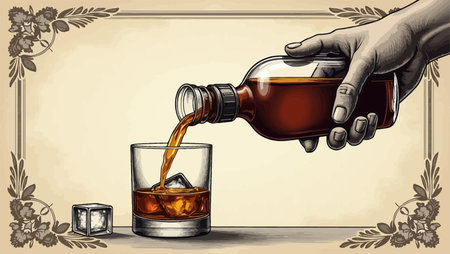 Hand pouring whiskey from a bottle into a glass. Vector illustration.のイラスト素材