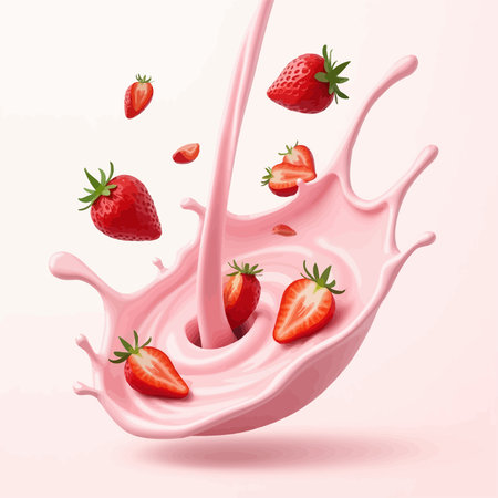 Strawberry yoghurt splash. Realistic 3d vector illustration.のイラスト素材