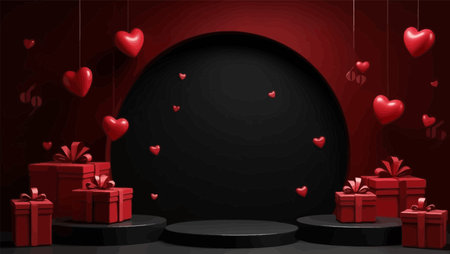 Valentines day background with gift boxes and red hearts on dark background. Vector illustration