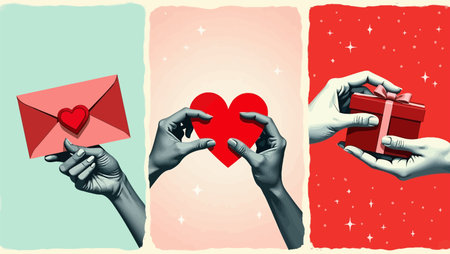Two hands holding a red heart and a gift box. Valentine's day card.
