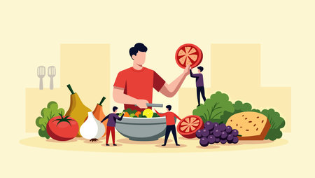 Grocery store concept. Man with vegetables and fruits. Vector illustrationのイラスト素材