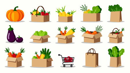 Set of different vegetables in cardboard boxes. Vector illustration isolated on white background.のイラスト素材