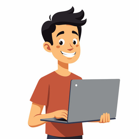 Vector illustration of a man with a laptop in his hands. Cartoon style.のイラスト素材