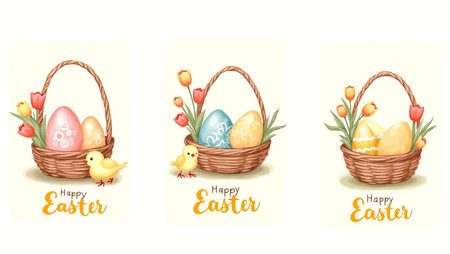 Easter eggs in wicker basket with tulips and chickens. Vector illustrationのイラスト素材