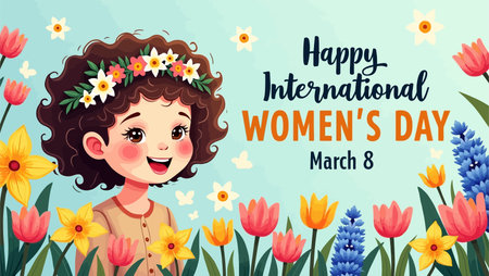 International Women's Day greeting card with cute cartoon girl and flowers.のイラスト素材