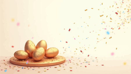 Easter background with golden eggs and confetti. 3d renderingのイラスト素材