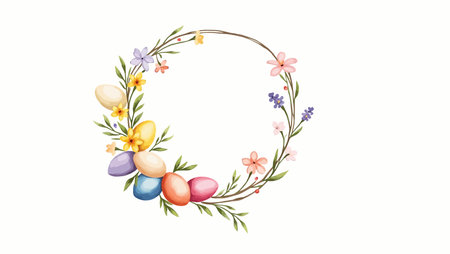 Easter wreath with eggs and spring flowers. Vector illustration.