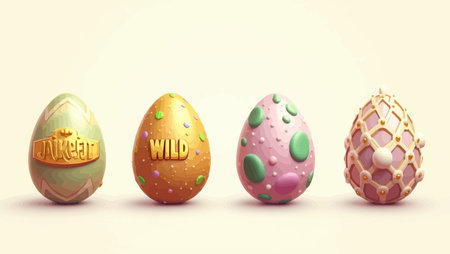 Easter eggs with Happy Easter lettering. 3D illustration.のイラスト素材