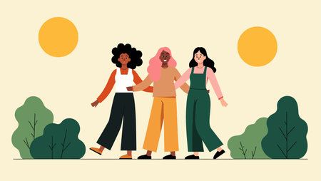 Vector illustration of a group of women walking in the park and talkingのイラスト素材