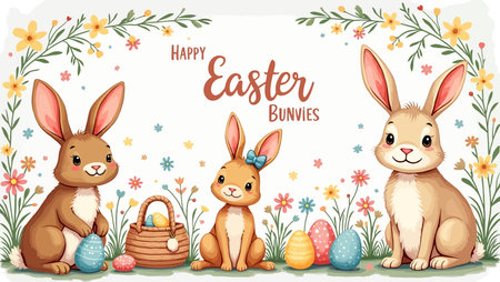 Easter bunnies with basket and eggs on white background illustration