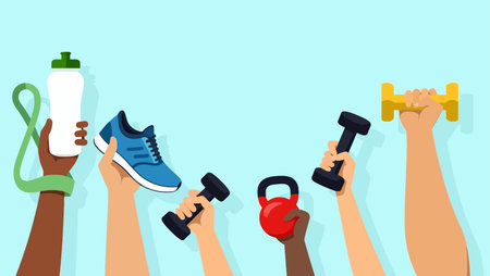 Healthy lifestyle concept. Vector flat cartoon illustration of human hands holding dumbbells, bottle of water, sneakers, bottle of water and dumbbells.のイラスト素材