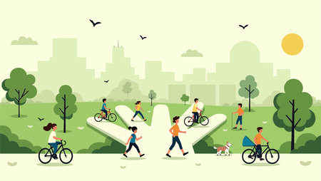 People riding bicycles in the park. Flat design style vector illustration.のイラスト素材