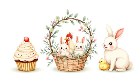 Easter eggs with bunny and chicken in wicker basket. Vector illustration.