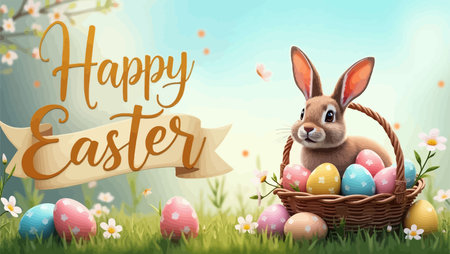 Happy Easter greeting card with easter bunny and basket full of eggs