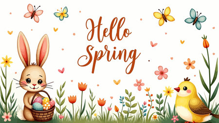 Hello spring card with easter bunny and chick in the grass illustration