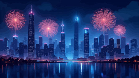 Night view of Shanghai skyline with skyscrapers and fireworks. Vector illustration.のイラスト素材