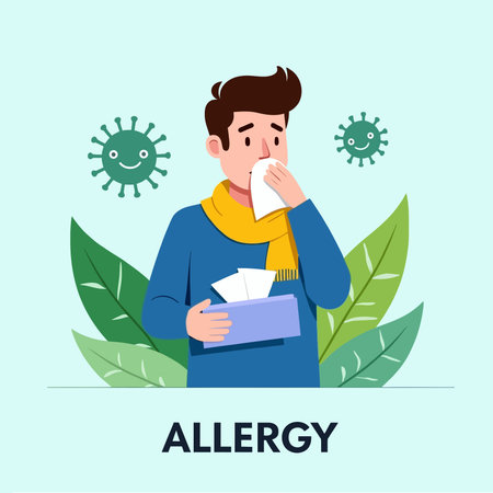 Illustration of a man suffering from allergy. Flat style vector illustration.のイラスト素材