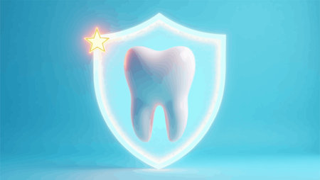 Healthy tooth in shield with star. Vector illustration in cartoon styleのイラスト素材