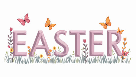 Easter lettering with flowers and butterflies. Vector illustration in cartoon style.