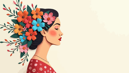 Beautiful girl with flowers in her hair. Vector Illustration.のイラスト素材