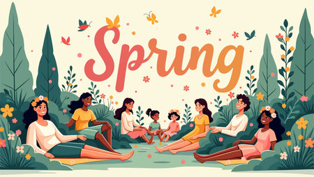 Spending time with family in the park. Mother, father and children sitting on the grass and relaxing. Flat vector illustration.のイラスト素材