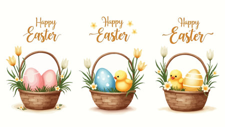 Easter eggs in basket with flowers and grass. Vector illustration.のイラスト素材