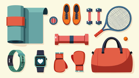Set of fitness equipment and accessories. Vector illustration in flat style.のイラスト素材