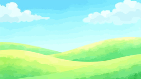 Beautiful summer landscape with green hills and blue sky. Vector illustration.のイラスト素材