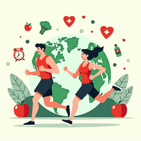 Healthy lifestyle concept vector illustration. Cartoon man and woman running around the world.のイラスト素材