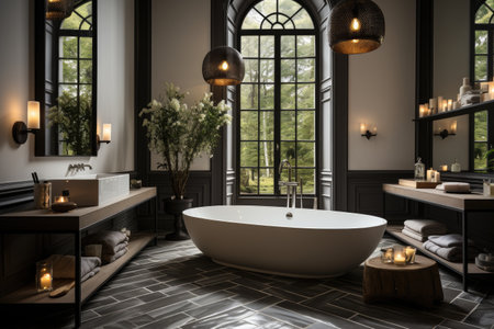 Minimalist bathroom with bathtub black and white color inspiration ideasの素材