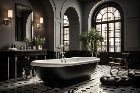 Minimalist bathroom with bathtub black and white color inspiration ideasの素材
