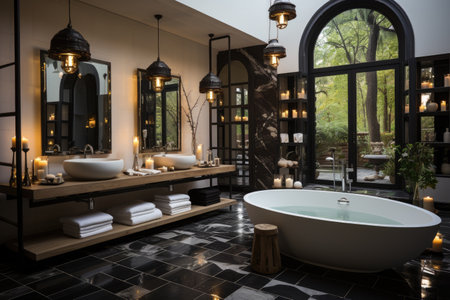 Minimalist bathroom with bathtub black and white color inspiration ideasの素材