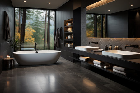 Minimalist bathroom with bathtub black and white color inspiration ideasの素材