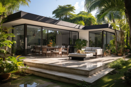 backyard landscaping concrete pavers on grass inspiration ideasの素材