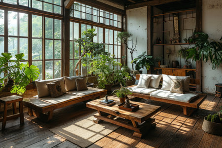 living room with neutral wood and white furniture inspiration ideasの素材