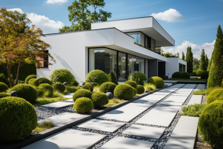 backyard landscaping concrete pavers on grass inspiration ideasの素材