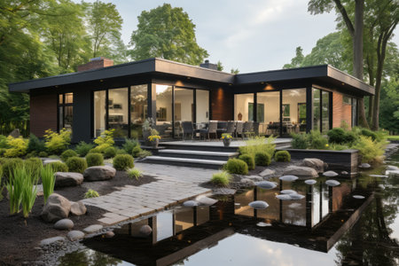 backyard landscaping concrete pavers on grass inspiration ideasの素材