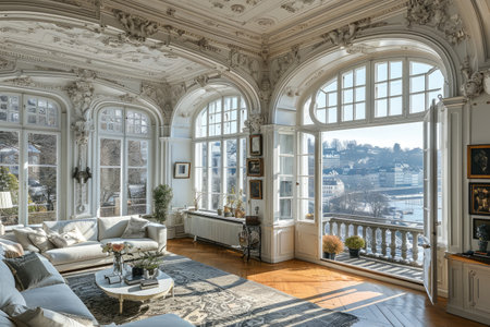 Living room in mid-century and minimalist style decoration style inspiration ideasの素材