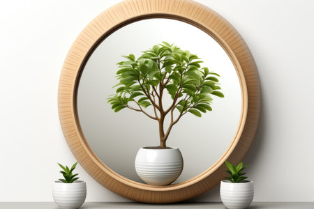 Bonsai in a round frame on a white wall. 3d renderingの素材